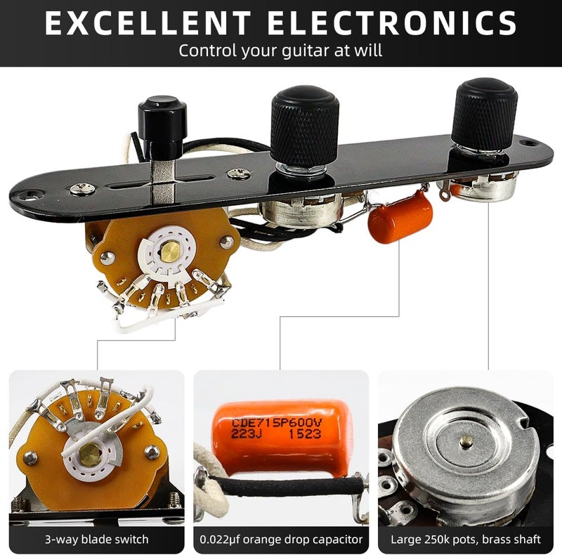Domofa Fully Loaded Guitar Control Plate Prewired 3-Way Switch 250K Large Potentiometers Knurled Volume Tone Controls Knobs for Tele/Telecaster Electric Guitar Parts Replacement (Black) - Image 4